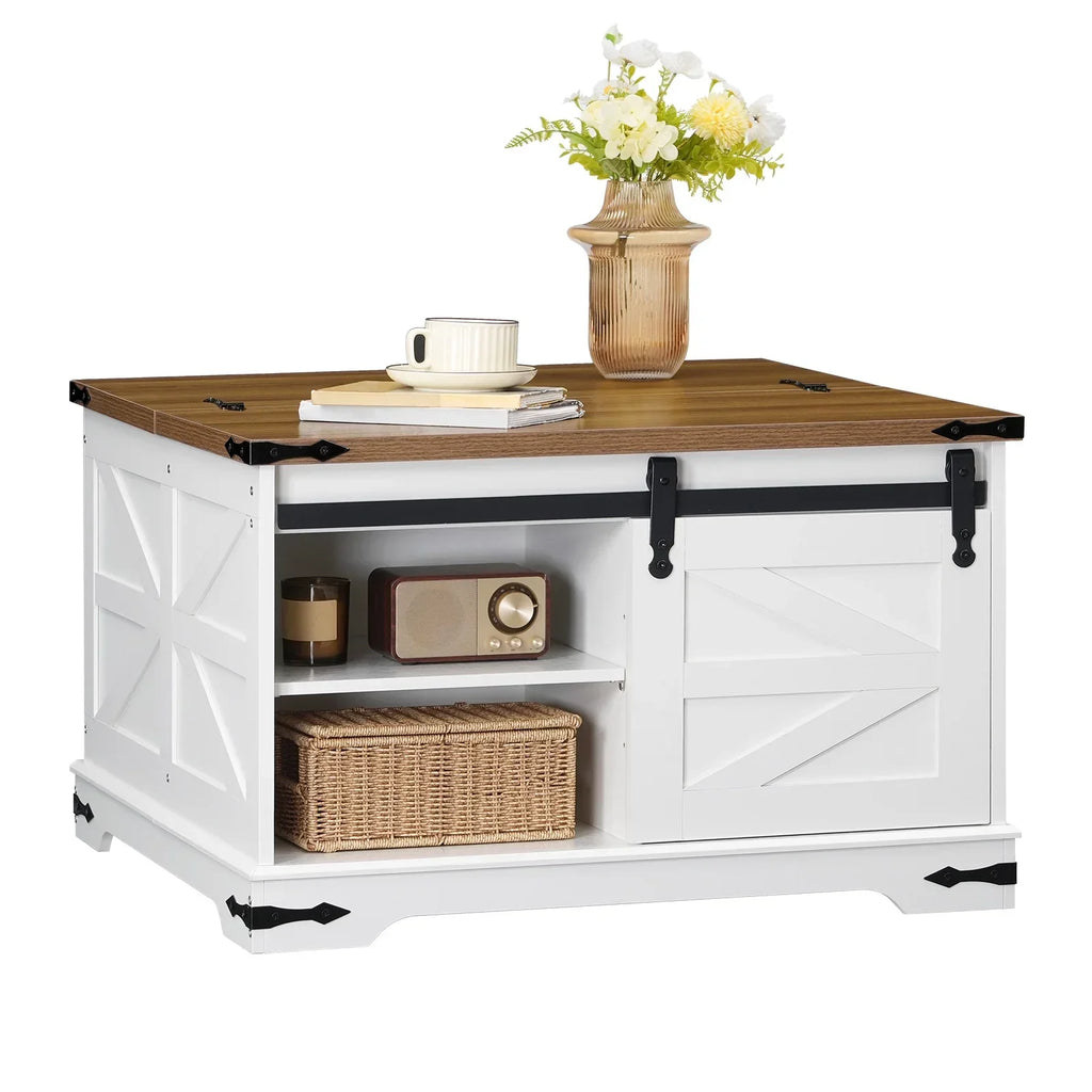 HOOBRO Farmhouse Lift-Top Coffee Table With Sliding Barn Door, White And Walnut, 31.3in L x 31.5in W x 19.7in H - WH80KF01