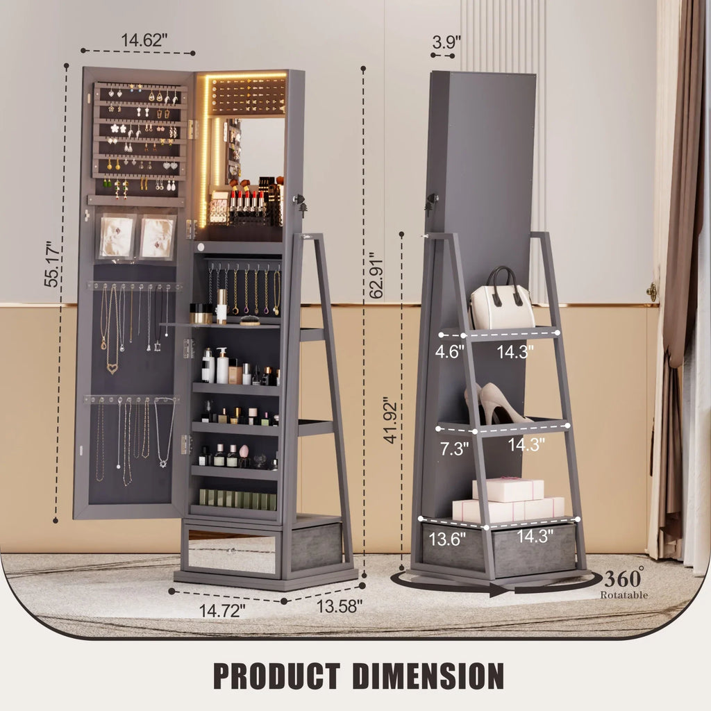 FREDEES Standing Jewelry Cabinet With Full-Length Mirror, Lights, Engineered Wood, Gray, 14 in D x 15 in W x 64 in H