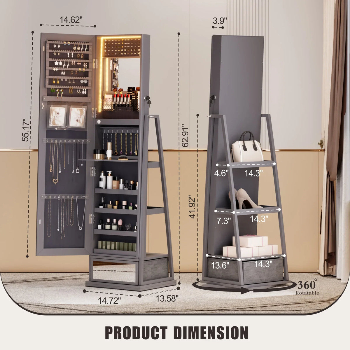 FREDEES Standing Jewelry Cabinet With Full-Length Mirror, Lights, Engineered Wood, Gray, 14 in D x 15 in W x 64 in H