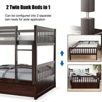 Full Over Full Convertible Bunk Bed Frame With Trundle, Ladder And Guardrails
