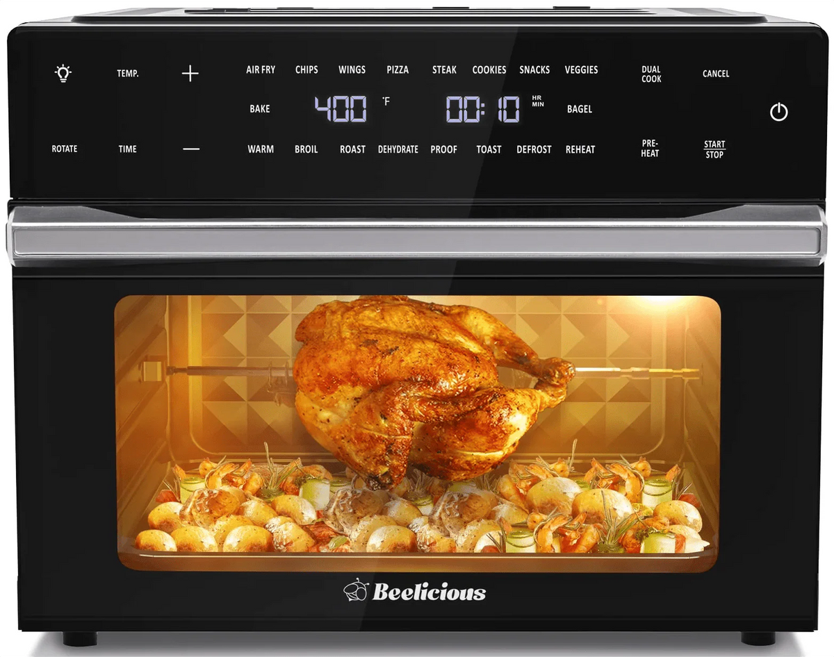 Beelicious 32QT Air Fryer Toaster Oven With Rotisserie And Dehydrator, 6 Accessories, 1800W, Black