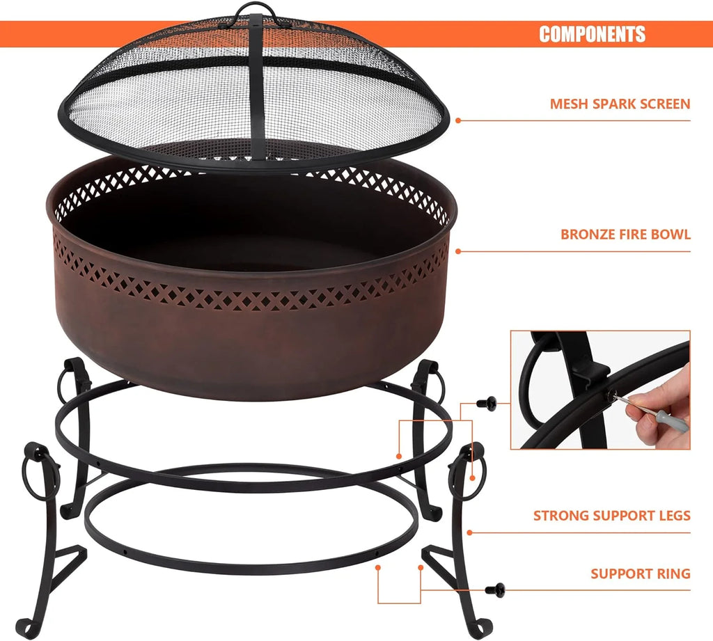 SUNCREAT 42-Inch Wood Burning Patio Fire Pit, Black, 42.1 Inch Diameter x 25.2 Inch High