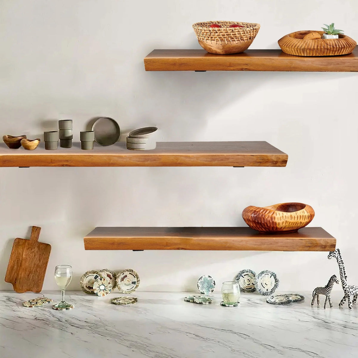 1 Piece Teak Wood Live Edge Rustic Floating Wall Shelf - 24, 36, 42