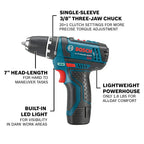 BOSCH 12V Max Cordless Drill/Driver And Impact Driver Combo Kit With 2 Batteries, Charger And Case - CLPK22-120