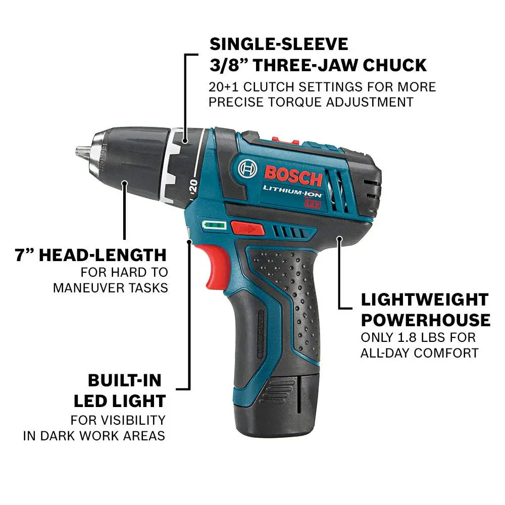 BOSCH 12V Max Cordless Drill/Driver And Impact Driver Combo Kit With 2 Batteries, Charger And Case - CLPK22-120