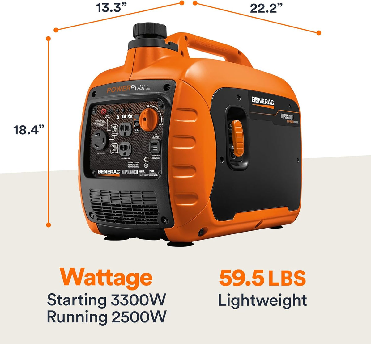 Generac Gas Powered Portable Inverter Generator, 3 300-Watt, USB Ports - 7153 GP3300i