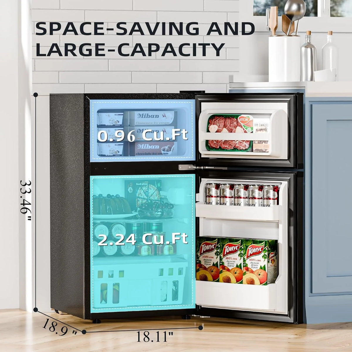 Antarctic Star Double Door Mini Refrigerator With Freezer, 3.2 Cu.Ft