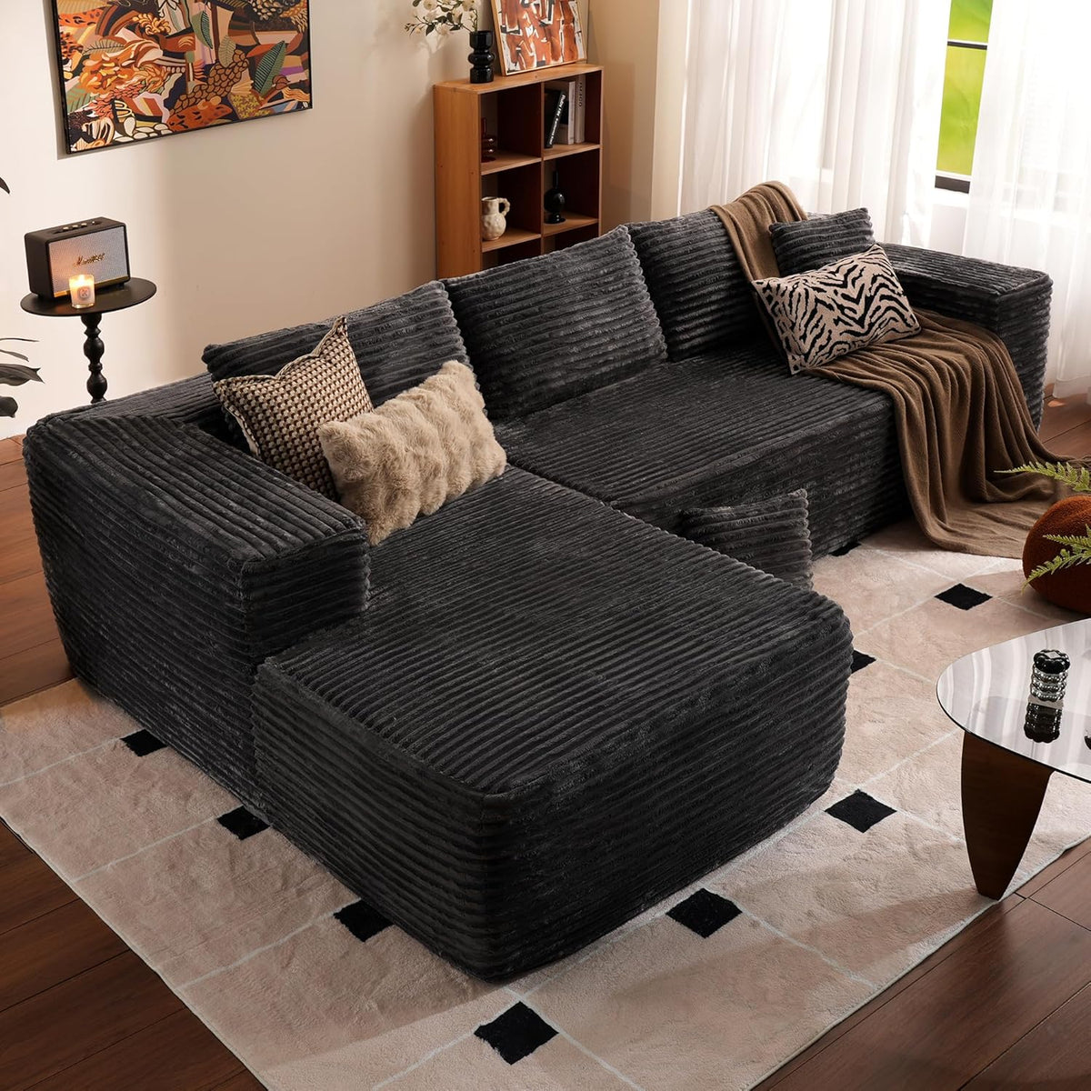 ovios 104in L-Shape Sectional Sofa With Chaise, Grey Plush Corduroy Fabric