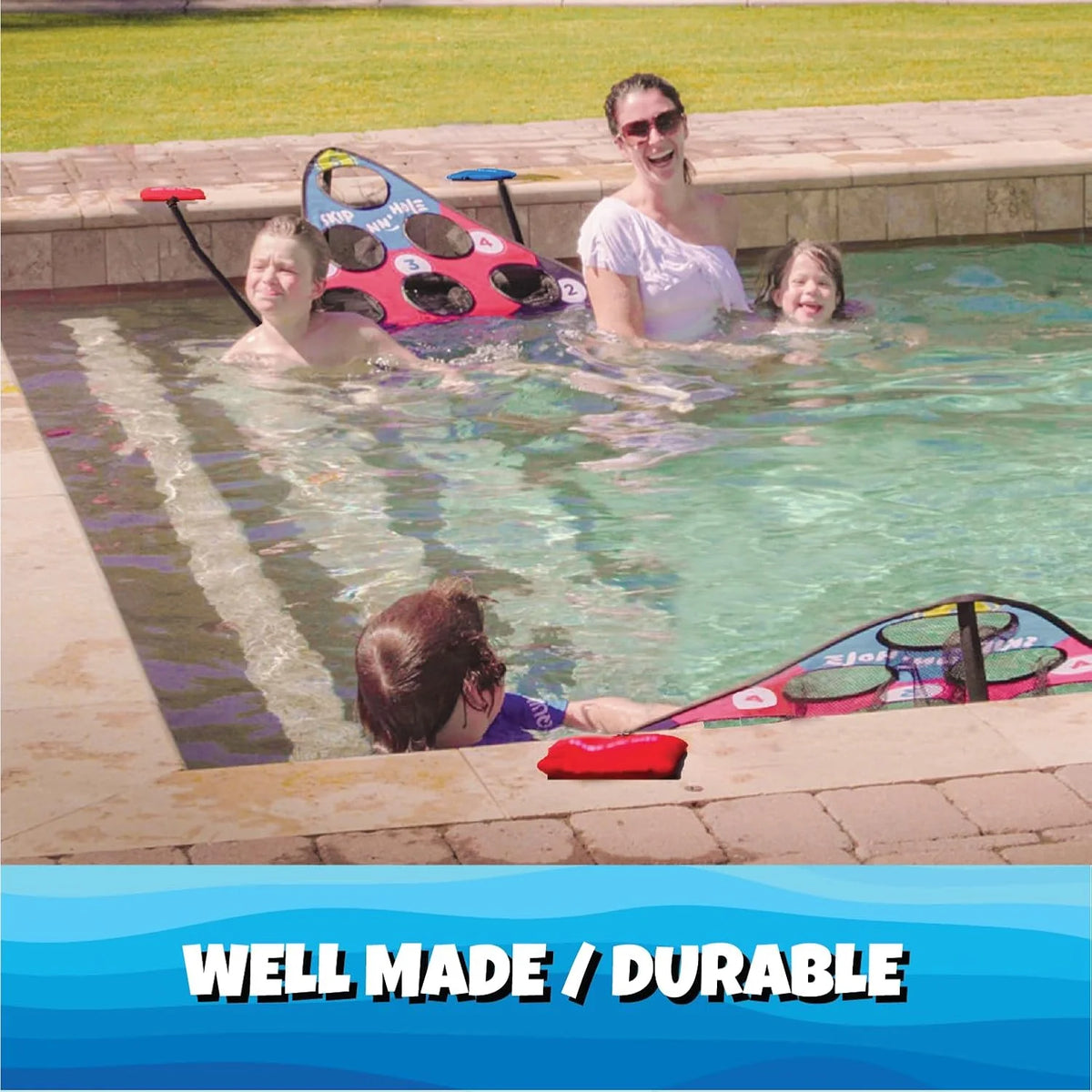 Floating Pool Cornhole Game, Foam, 30 x 26 x 15 Inches, 10 Pieces, Red Blue Black