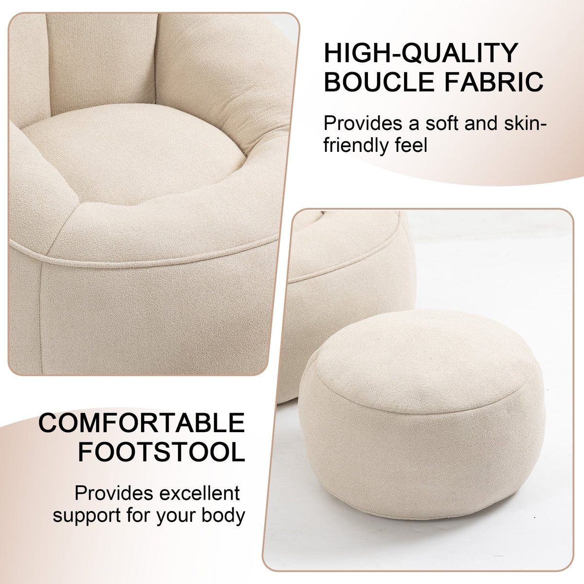 MOONMISS Microfiber Upholstered Round Bean Bag Sofa Chair With Ottoman - Gray