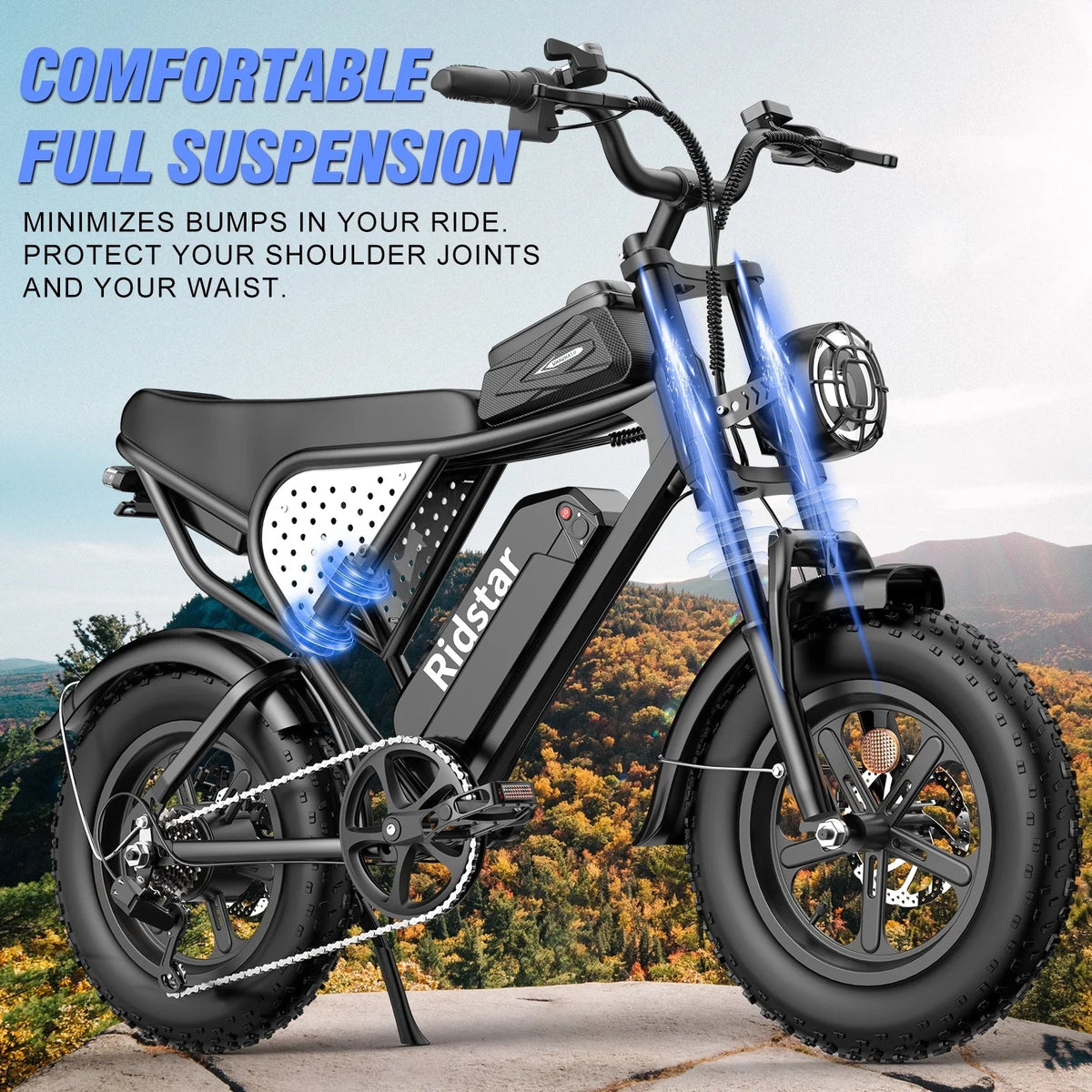 1500W Electric Mountain Bike 48V 20Ah, 20 inch Fat Tires, Shimano 7-Speed, Full Suspension - q20-1500w