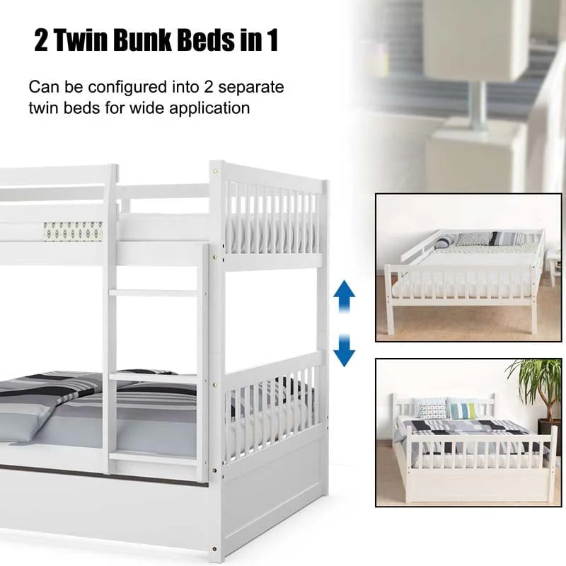 Full Over Full Convertible Bunk Bed Frame With Trundle, Ladder And Guardrails