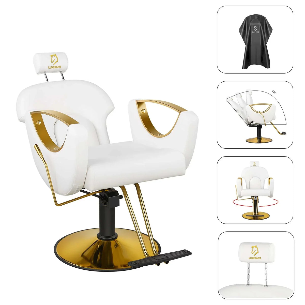 LUXMARS Reclining Hydraulic Barber Chair, White, 40 Inches To 46 Inches