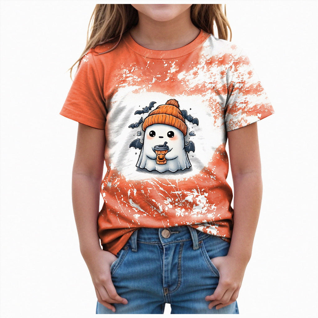 CAUYDY Halloween Ghouls Ghost Retro Girl Kids T-Shirt Graphic Tshirt Little Kids Fall Short Sleeve Tee Tops(Orange, 8-9 Y)