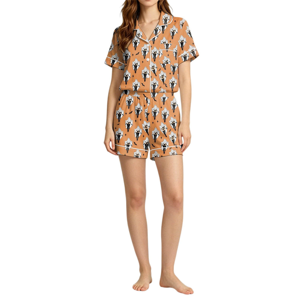 MEZZALL Women Halloween Printed Pajama With Lapel Collar Short Sleeve Tops And Shorts For Home Wear Cozy For Lightweight And Breathable Comfort Relaxed Fit 2 Piece Pjs