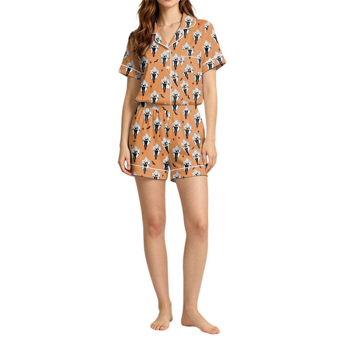 MEZZALL Women Halloween Printed Pajama With Lapel Collar Short Sleeve Tops And Shorts For Home Wear Cozy For Lightweight And Breathable Comfort Relaxed Fit 2 Piece Pjs