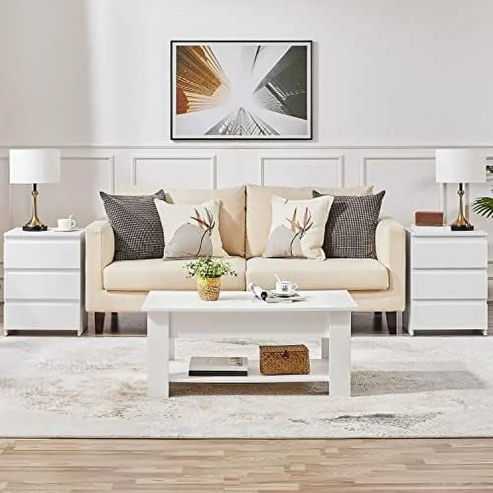 AYFDEGT 2PCS 3-Drawer White Bedside Tables - 18in L x 14in W