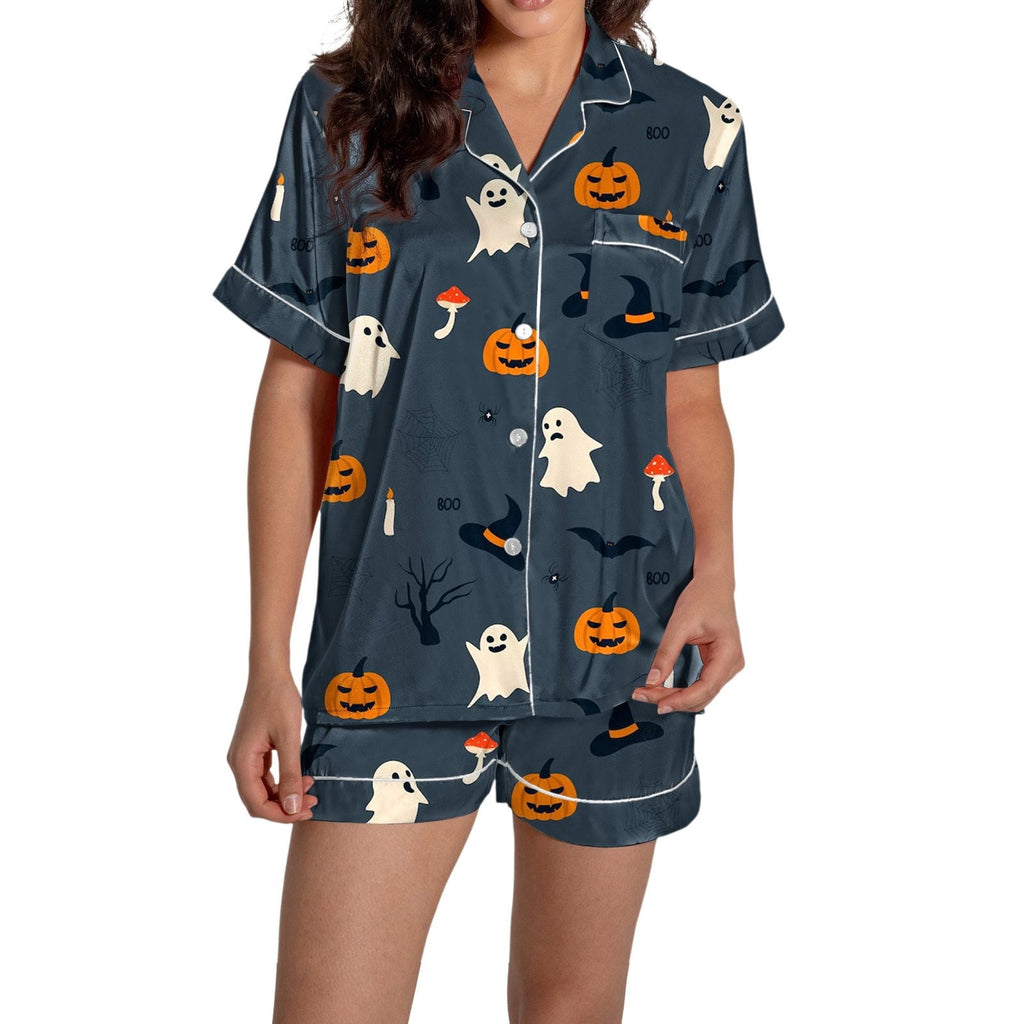 ChenYiFH Halloween Pajama Sets For Women 2 Piece Pumpkin Print Shirts And Pajamas Shorts Button Down Short Sleeve Sleepwear Black S