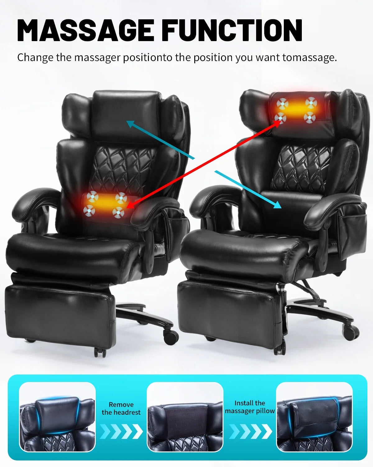 Big And Tall Executive Office Chair, 800 Lbs, 8-Node Massage, Heat, PU Leather, Adjustable Footrest