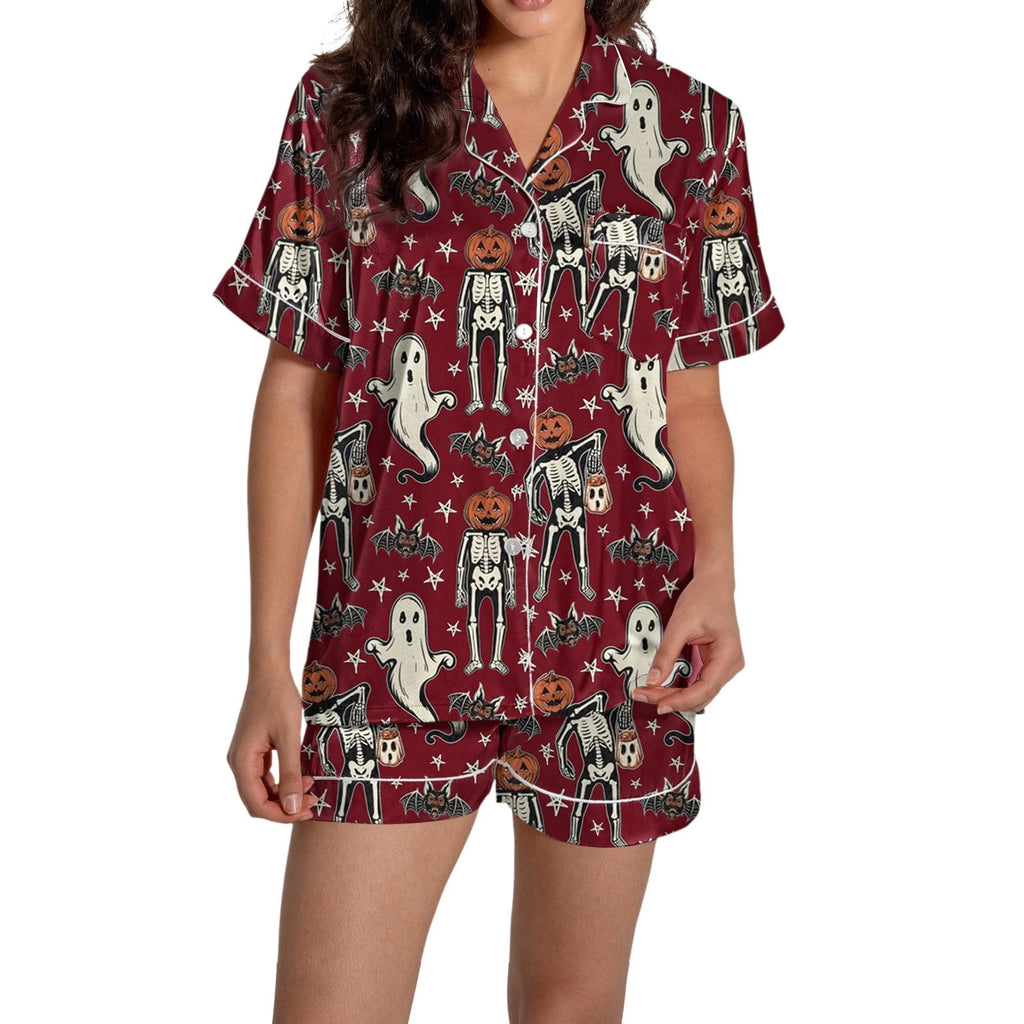 ChenYiFH Halloween Pajama Sets For Women 2 Piece Pumpkin Print Shirts And Pajamas Shorts Button Down Short Sleeve Sleepwear Black S