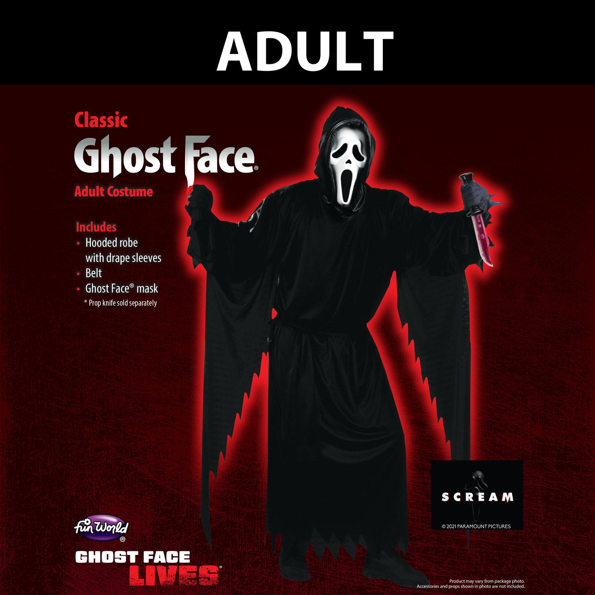 Scream Ghost Face Halloween Costume for Adults, 3-Piece, Men's Size M-XL (32-42), by Fun World