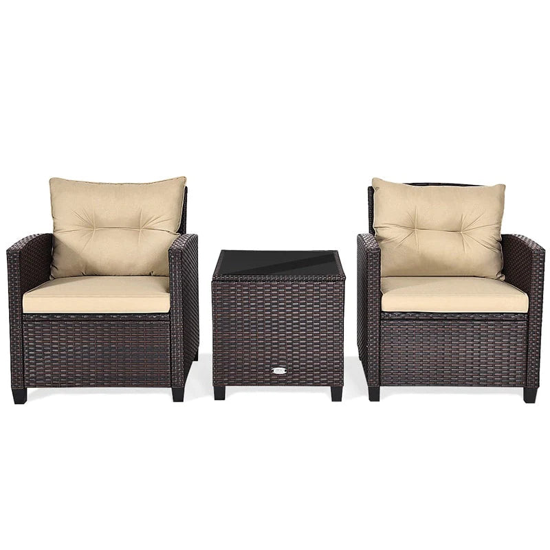 3-Piece Rattan Patio Conversation Set With Cushions And Coffee Table