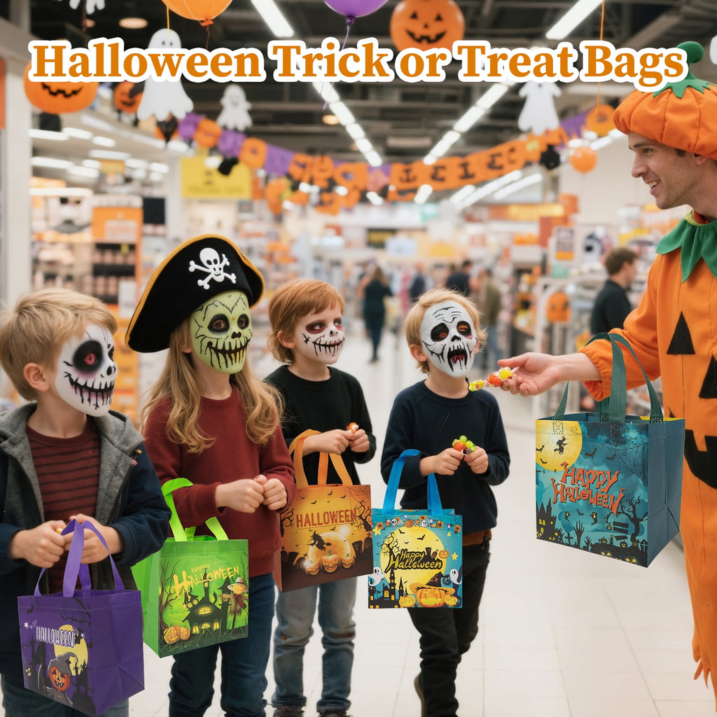 HiberyHom 12 Pcs Halloween Trick or Treat Bags with Handles, Gift Bags & Party Favor Bags for Kids, 8.27 x 5.91 x 7.87 inches