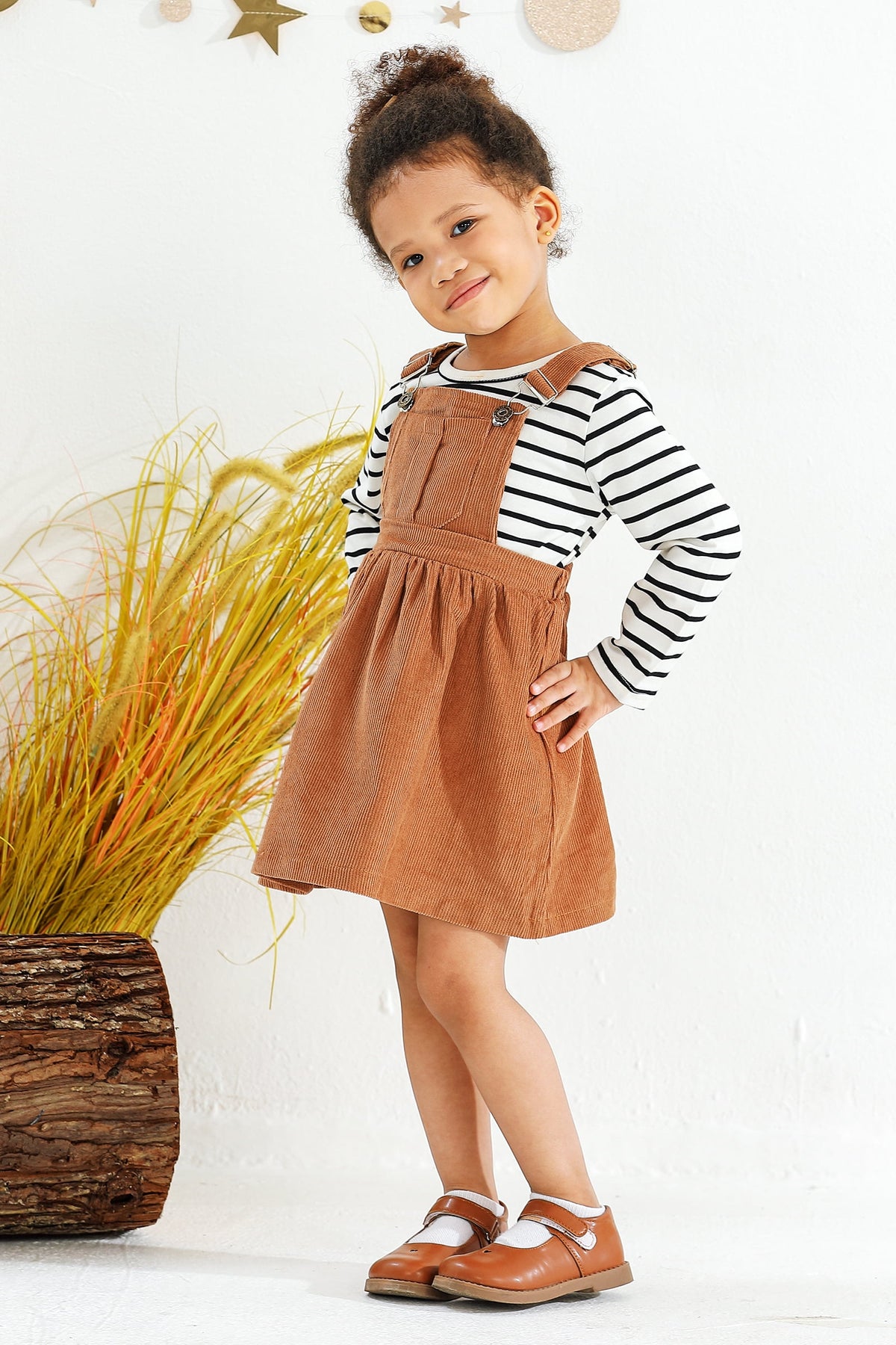 Younger Tree Toddler Baby Girl Fall Dress Outfit Long Sleeve Top Strap Dress Overall with Pocket Clothes Set for 2-3T