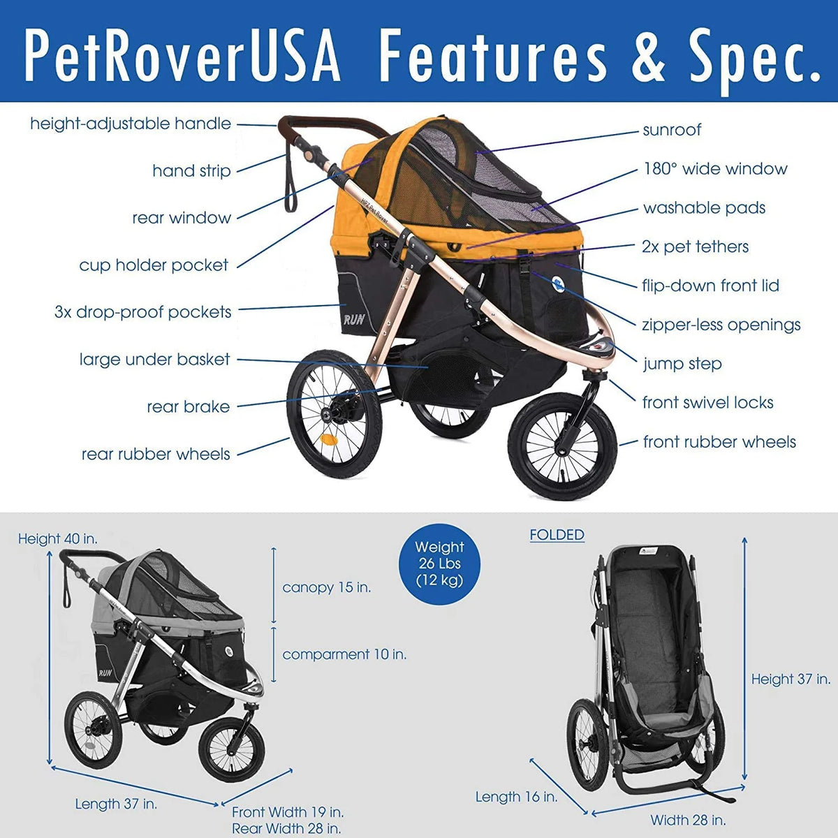 HPZ-PR America Pet Rover Run Jogging Pet Stroller, 50 lbs, Camo Green - B08R9KCWW1