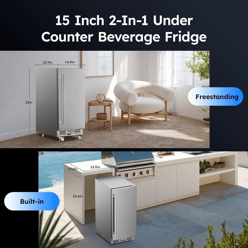 Ecojoy 15 Inch Stainless Steel Under Counter Beverage Refrigerator, 120 Cans