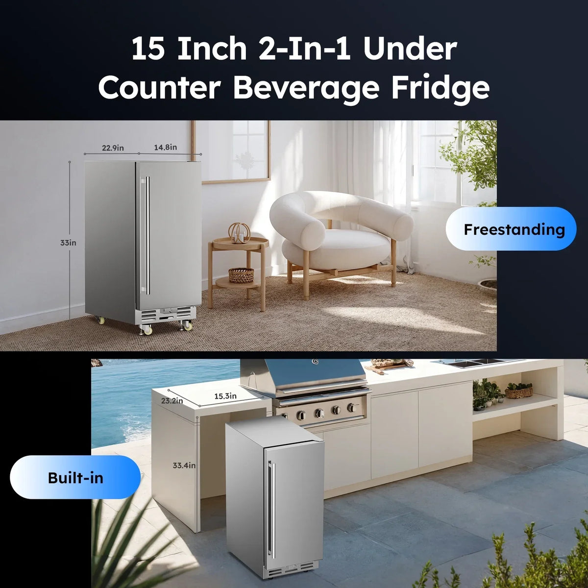 Ecojoy 15 Inch Stainless Steel Under Counter Beverage Refrigerator, 120 Cans