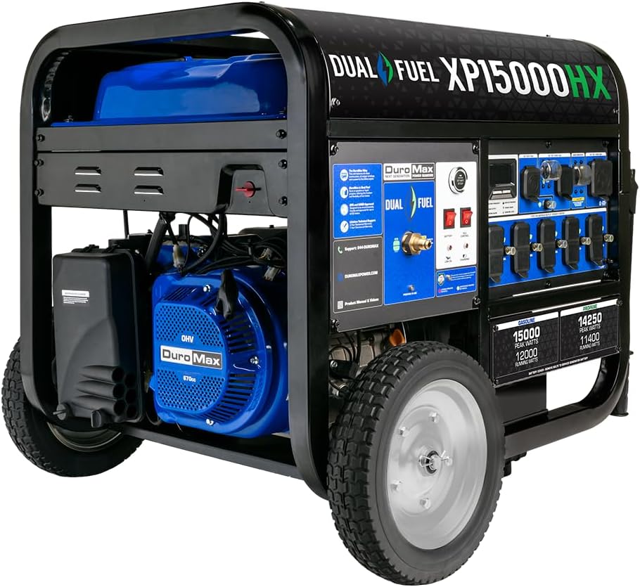 DuroMax Dual Fuel Portable Generator, 15 000-Watt, Gasoline and Propane, Remote Electric Start - XP15000HX