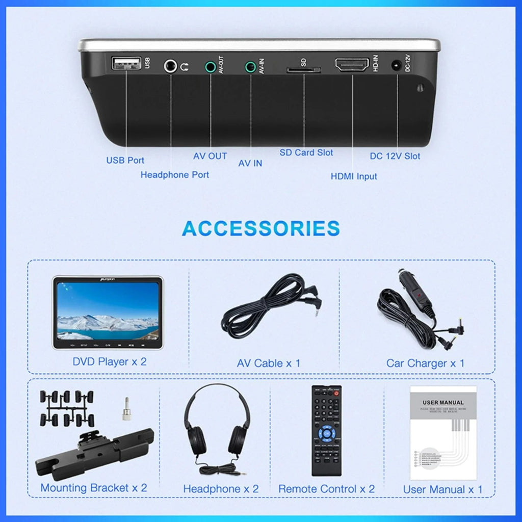 Pumpkin 10.1in Dual Headrest Car DVD Players With Headphones, 2 Mount Brackets, HDMI Input, Region Free And Last Memory
