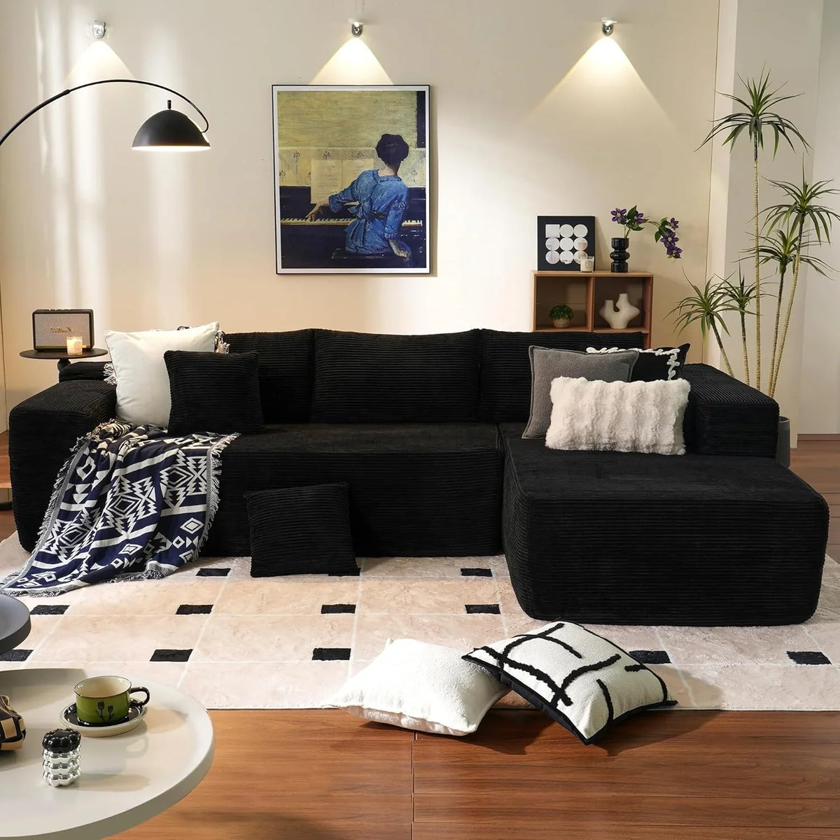 ovios 104in L-Shape Sectional Sofa With Chaise, Grey Plush Corduroy Fabric
