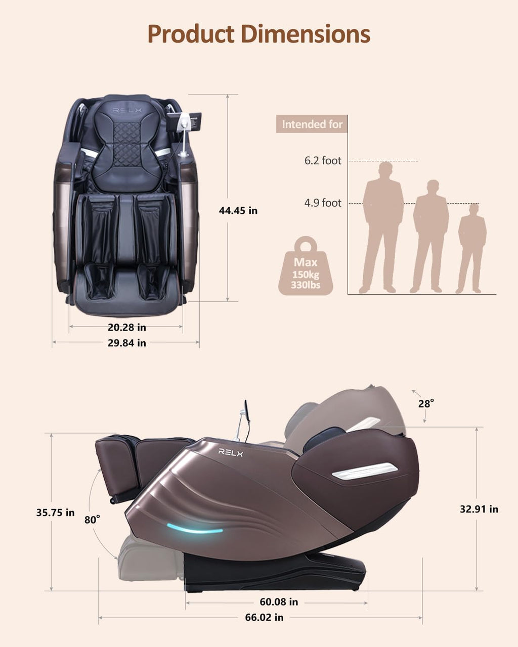 RELX Full Body Massage Chair, 20 Modes, 53-inch SL-Track, Brown