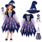 MEZZALL Child Outfit Sets Girls Witch 4 Light Up Star Witch Dress With Hat Wand Kids Halloween Party Outfit For Party Clothes Sets