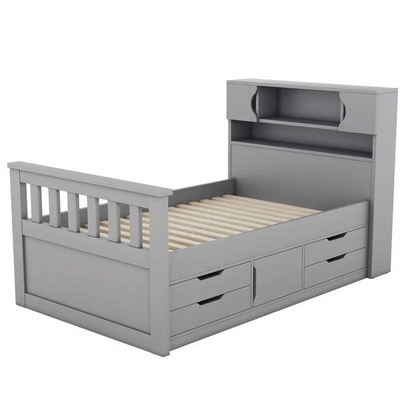 Twin/Full Captain Platform Bed With 4 Drawers And Storage Bookcase Headboard