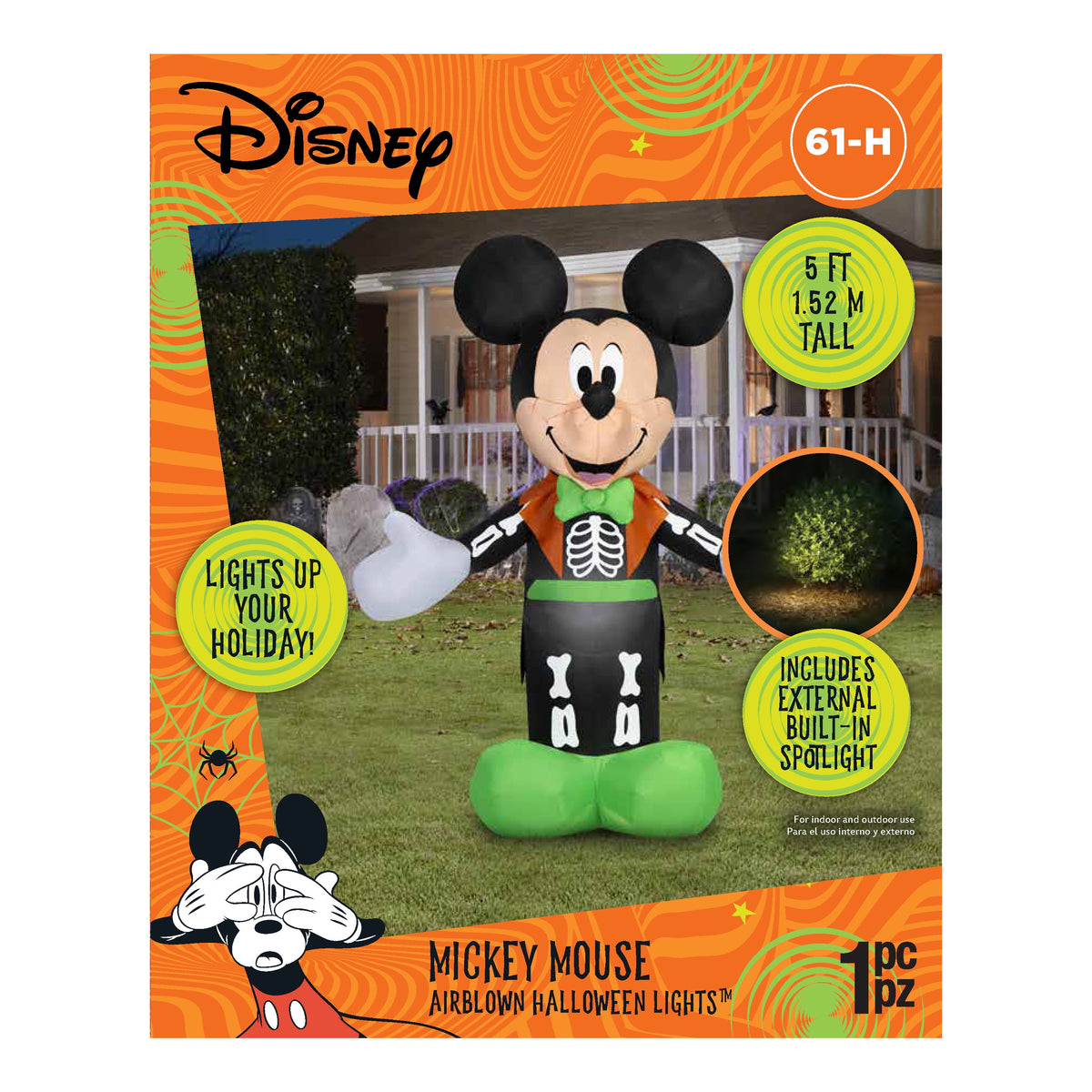 Airblown Halloween Yard Inflatables Light Mickey Mouse in Skeleton Tux Disney, 5 ft