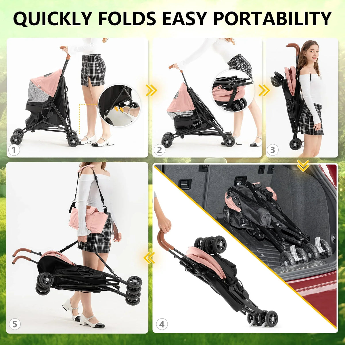 3 In 1 Folding Pet Stroller With Storage Basket And Cup Holder, Pink