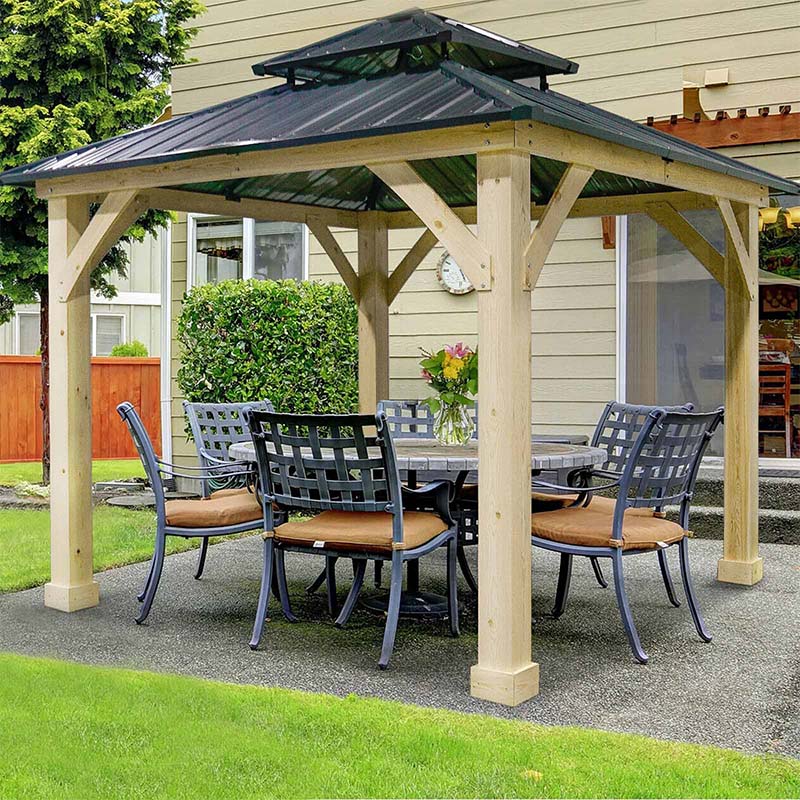 Outdoor Patio Hardtop Gazebo, 10 x 10 Ft, Wood Frame, 2-Tier Metal Roof, Gray