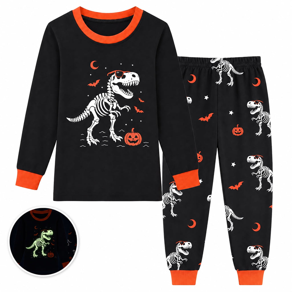 Rimyaw Kids Halloween Pajamas Set, Glow in the Dark Skeleton Sleepwear, 2-Piece cottom Long Sleeve PJs for Boys and Girls, Black