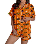 MEZZALL Women Halloween Printed Pajama With Lapel Collar Short Sleeve Tops And Shorts For Home Wear Cozy For Lightweight And Breathable Comfort Relaxed Fit 2 Piece Pjs
