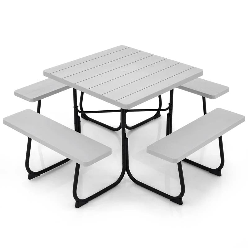 8-Person Outdoor HDPE Square Picnic Table And Bench Set, 67in x 67in x 30in, Metal Frame