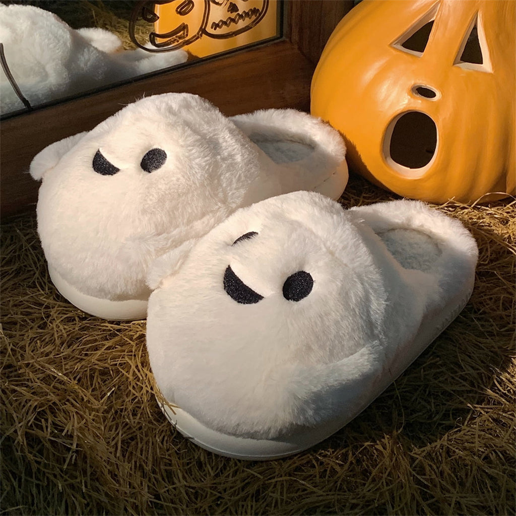 KEVCHE Halloween Ghost Pumpkin House Slippers, Warm Cozy Plush Slippers for Indoor Outdoor Home, Cute Spooky Holiday Footwear for Fall Winter Comfort