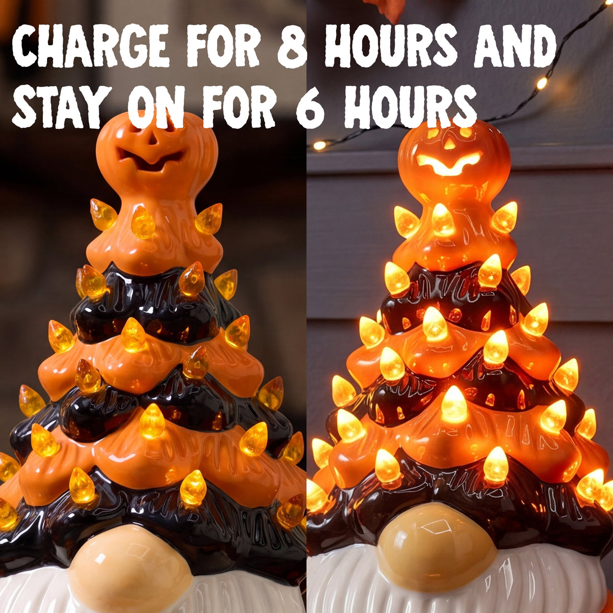 Joyfy 8.5 inch Halloween Decorations Ceramic Gnome Tree Decorations with Build-in LEDs, Light Up Pumpkin Table Decor Bedroom Indoor Centerpieces for Tables