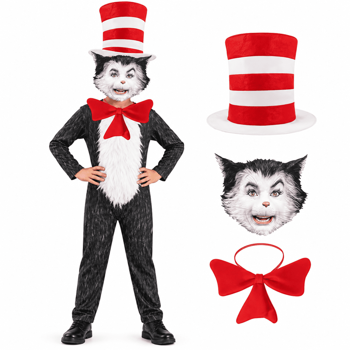 4-Piece Cat Halloween Cosplay Costume for Kids, Scary Cat Jumpsuit Set with Mask, Striped Hat & Bow Tie for Boys & Girls, Ages 11-12