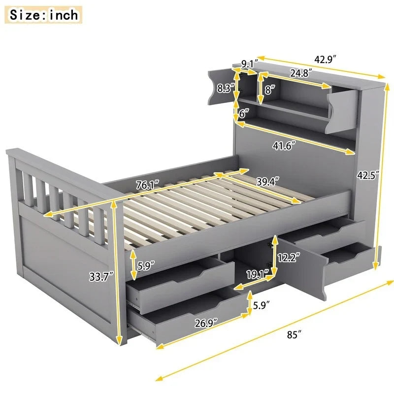 Twin/Full Captain Platform Bed With 4 Drawers And Storage Bookcase Headboard