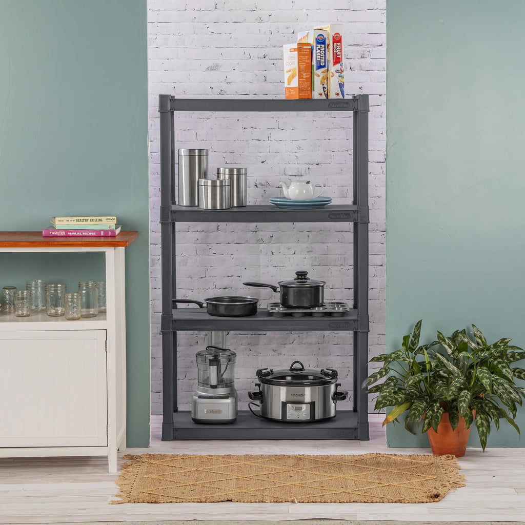Sterilite Plastic Indoor Outdoor 4-Shelf Shelving Unit, Flat Gray, 3 Pack