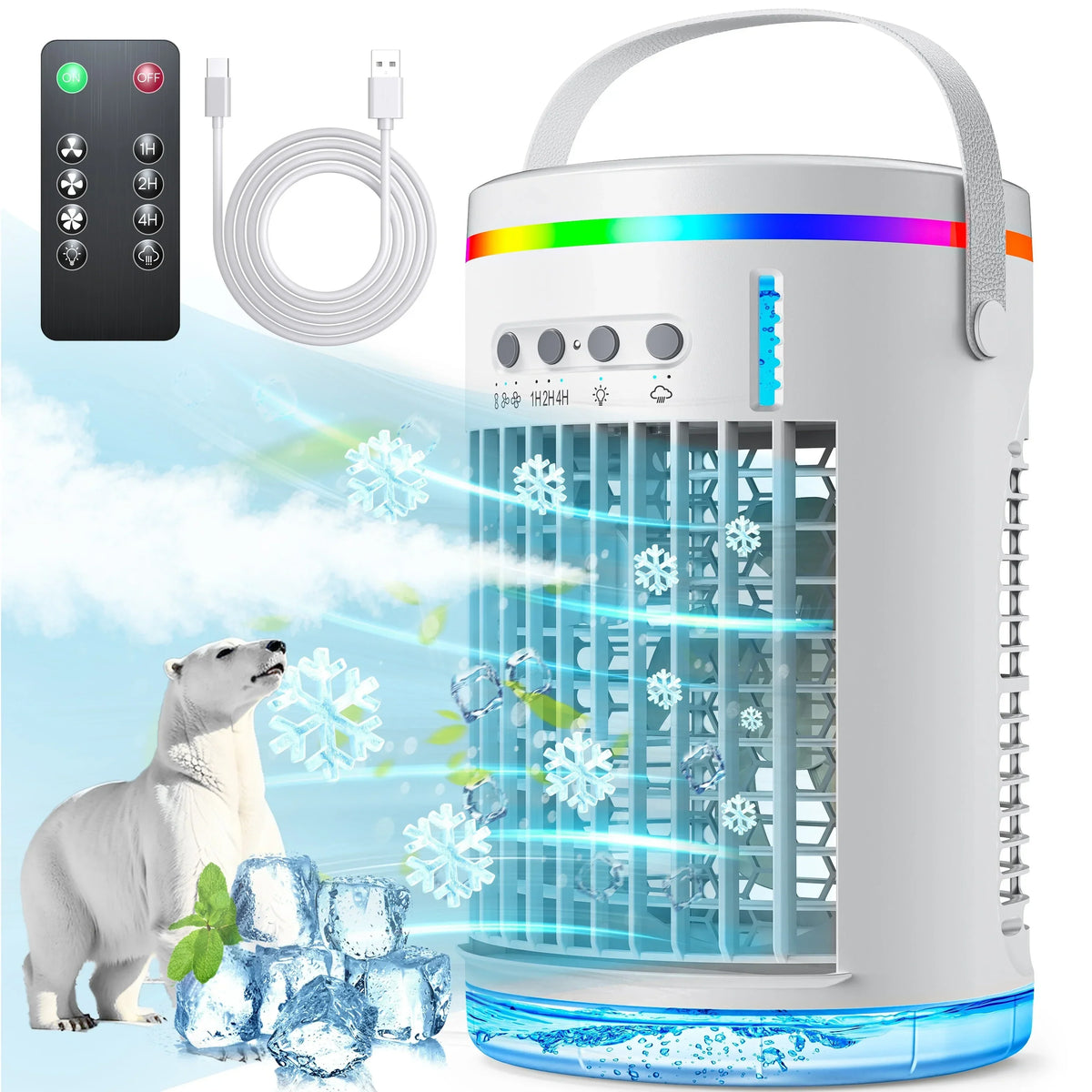 Portable Evaporative Cooler, 1400ml, 3 Speeds, USB, Remote, 7 LED Lights