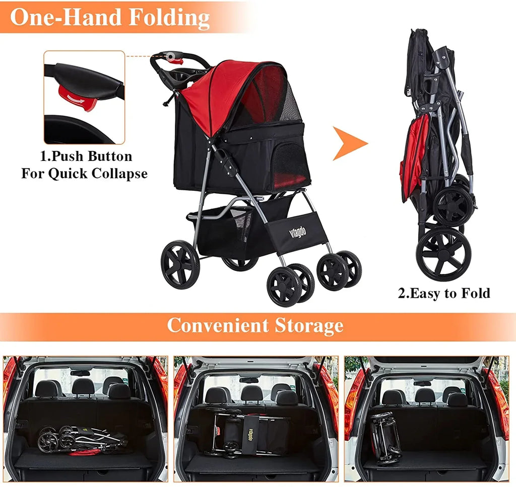 Afuhokles Pet Stroller For Small And Medium Dogs And Cats, 4 Wheels, 35lbs - Folding Storage Basket